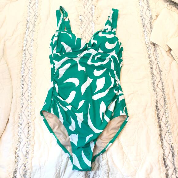 Shade & Shore NWT Women's One Piece Swimsuit Green White Leaf Shirred  M (8/10) - Picture 2 of 11